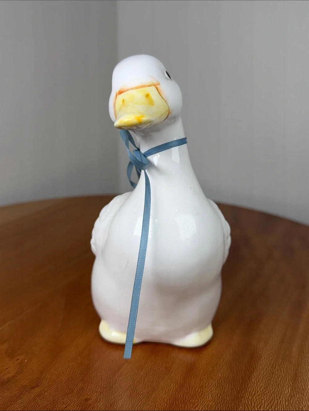 Vintage Hand Crafted Hand Made Ceramic Duck White Yellow Blue Bow Farmhouse